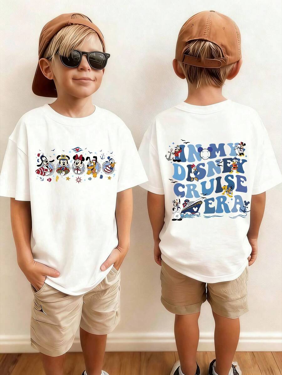 Disney Mouse, Maritime Element Cartoon Print, Casual And Simple Short Sleeved T-Shirt, Suitable For Spring And Summer Seasons, Suitable For Boys And Girls To Wear. Festival Gift - White - View 1