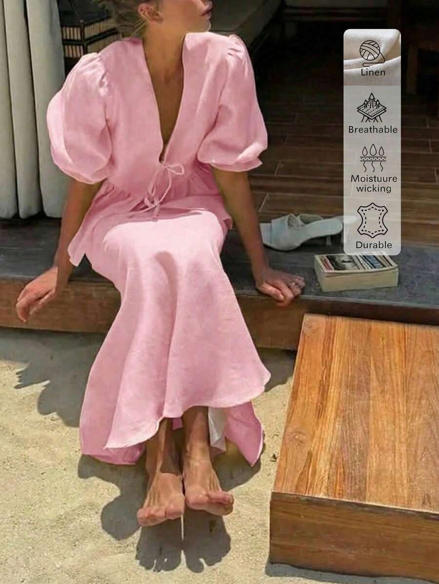 2pcs Linen Casual Elegant Vacation & Daily Wear Outfits, Casual Dresses, Casual Women Outfits, Summer Holiday Outfits, Elegant Women's Set - Pink - View 1