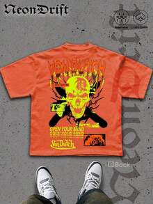 SummerNeonDrift Street Double-Sided Printing Cotton T-Shirt 100% Cotton Fabric Unisex Style-Men T Shirt Skull Graphic Print Neon Yellow Orange Cross Design Streetwear Fashion Casual Wear For Urban Style Fans Hip Hop Look Breathable 100 Cotton Comfortable FitLoose And Comfortablesummer Clothes - 橘色 - 查看 3