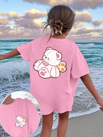 Tween Girls Casual Printed Round Neck Short Sleeve T-Shirt, Summer Top