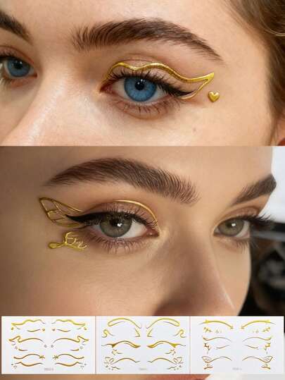 3D金色眼线贴纸，面部临时纹身，身体彩绘，适用于音乐节派对服装眼部装饰