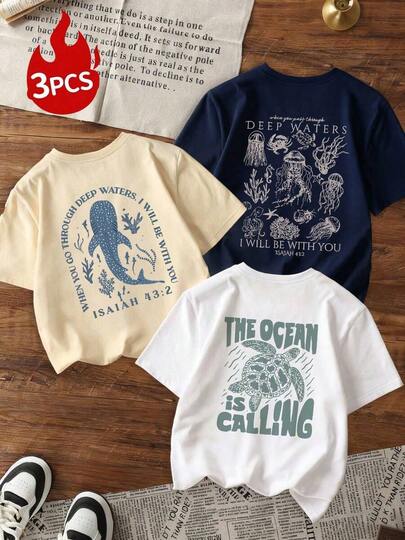 3 Peças Conjunto de Camisetas Estampa Mar, Tartaruga, Golfinho, Água-Viva  Blusas Femininas 100% Algodão