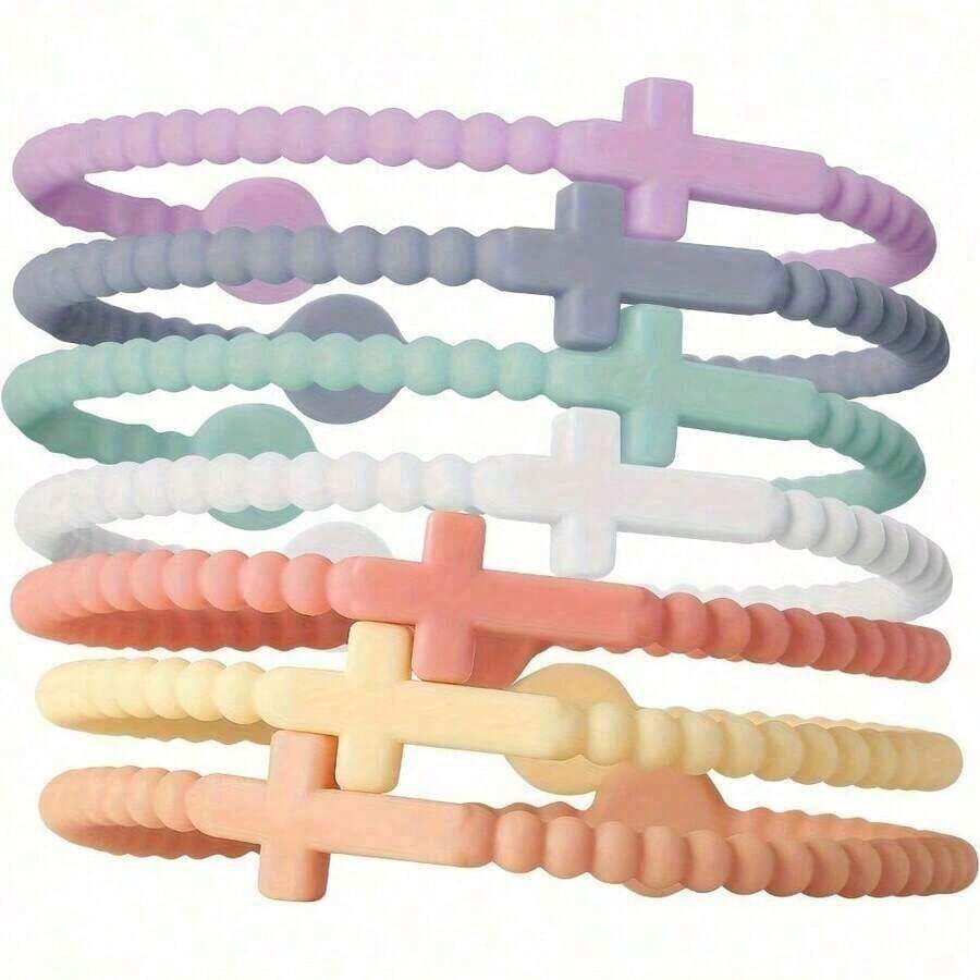 5 Cute Random Color Bracelets, Thin Cross Silicone Bracelets, New Fashion Bracelet Accessories, Perfect Christmas Gifts - 隨機的 - 查看 1