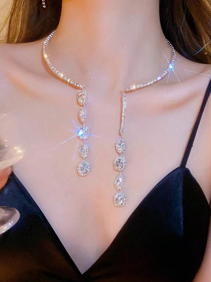 1pc Luxury Fashion Elegant Necklace, Bling Bling Party Choker, Artificial Glass Teardrop Tassel Open Collar - Multicolor - View 1