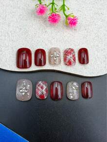 10片手工美甲贴纸，酒红色短椭圆形，时尚花香风格，法式美甲贴纸，美甲贴花，新年美甲，情人节美甲，UV凝胶美甲，夏季美甲，可佩戴美甲，优雅别致设计，高端法式风格，凝胶指甲油，闪粉，猫眼效果，金属光泽 - 酒紅色 - 查看 6