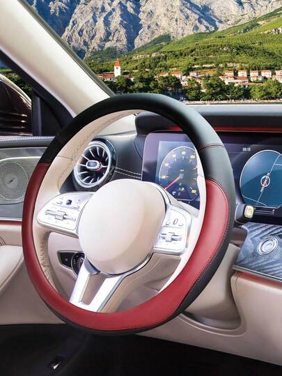 Wine Red Car Steering Wheel Cover, Nappa Leather, Bottom Color Blocking, Universal 14.5-15 Inch Leather Anti-Slip Breathable Auto Steering Wheel Covers For Men Women