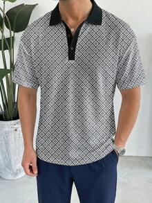 Men's New Fashionable Versatile Lapel Button Business Style Classic Men's Casual Polo Shirt, Soft Breathable Fabric, Regular Fit, Simple All-Match Tops - Grey - View 1