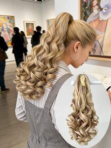 Claw Ponytail Extension 20 Inch Ombre Natural Wave Wavy Clip in Hair Extensions Soft Natural Looking Heat Resistant Fiber Synthetic Hairpiece For Women Daily Use - Gold - View 2