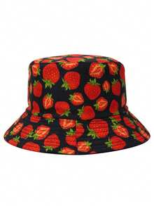 1 件女式双面几何水果印花渔夫帽，可爱百搭设计，适合户外、派对、日常穿着、防晒、轻便，适合休闲、露营和日常使用 - 水果 - 查看 43