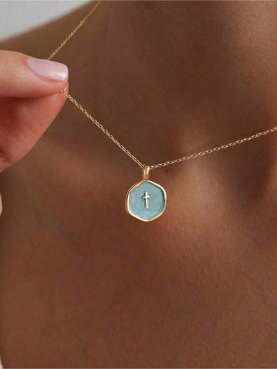 Mother's Day And Valentine's Day Gift Recommendation: Women's Petite Cross Necklace Delicate 14K Gold Silver Plated Cross Pendant Necklace Cute Small Cross Choker Minimalist Religious Jewelry Lovely Gift Christian Gift Suitable For Women And Teens Wearable Year-Round Also Suitable For Christmas - Hình chữ thập trên nền xanh dương với những giọt dầu chảy. - Xem 1
