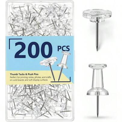 200Pcs Push Pins Thumb Tacks: Push Pin Bulletin Board Cork Board - Plastic Steel Point Reusable Box - Flat Thumbtacks For Wall Map Posters Picture Hanging Home Office School