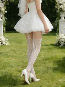 1双新娘法式蕾丝过膝长袜，修身性感浪漫婚礼风格，适合女性日常约会、派对等场合。 - 彩色 - 查看 4