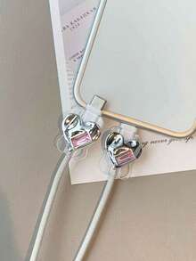 Pink Heart Element 2pcs Silver Sparkly Rhinestone Heart Shaped 3D Data Cable Protector Compatible With IPhone & Android Women's Day Gift Birthday Anniversary - Multicolor - View 4