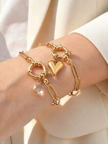 1pc Minimalist Stainless Steel Small Square Chain Cubic Zirconia Heart Bubble Clasp Gold Bracelet, Jewelry Gift For Women, Mother's Day - Gold - View 4
