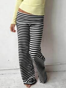 Lounge Yoga Pants For Women Fold Over Low Waist Wide Leg Sweatpants Flare Leggings Bell Bottoms Y2K Foldover Pants - 黑白條紋 - 查看 2