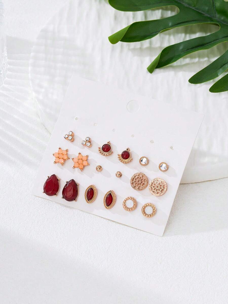 18pcs Elegant Luxury Earring Set, Simulated Ruby Inlaid Earrings, Delicate Versatile For Women's Daily Wear, Party, Date - Earring Set - View 1