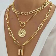 Women's Fashion Creative Embossed Round Pendant Necklace, Retro Minimalist Gold Small Lock Charm Necklace Set - Multicolor - View 4