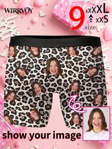 1pc Customized Boxer Briefs For Men, Personalized Photo Print Men's Underwear With Leopard Print Design, Husband's Exclusive Customized Boxer Briefs, - Black - View 2