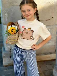 少女休闲印花圆领短袖T恤，夏季上衣 - 杏色 - 查看 8