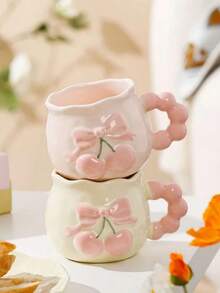 1pc Cute Cherry Pattern Ceramic Coffee Mug, Delicate 3D Embossed Ceramic Cup, Birthday Gift For Friends, Home & Office Daily Use, Ceramic Water Cup, Wedding Gift, Mother's Day Gift, Father's Day Gift - Multicolor - View 10