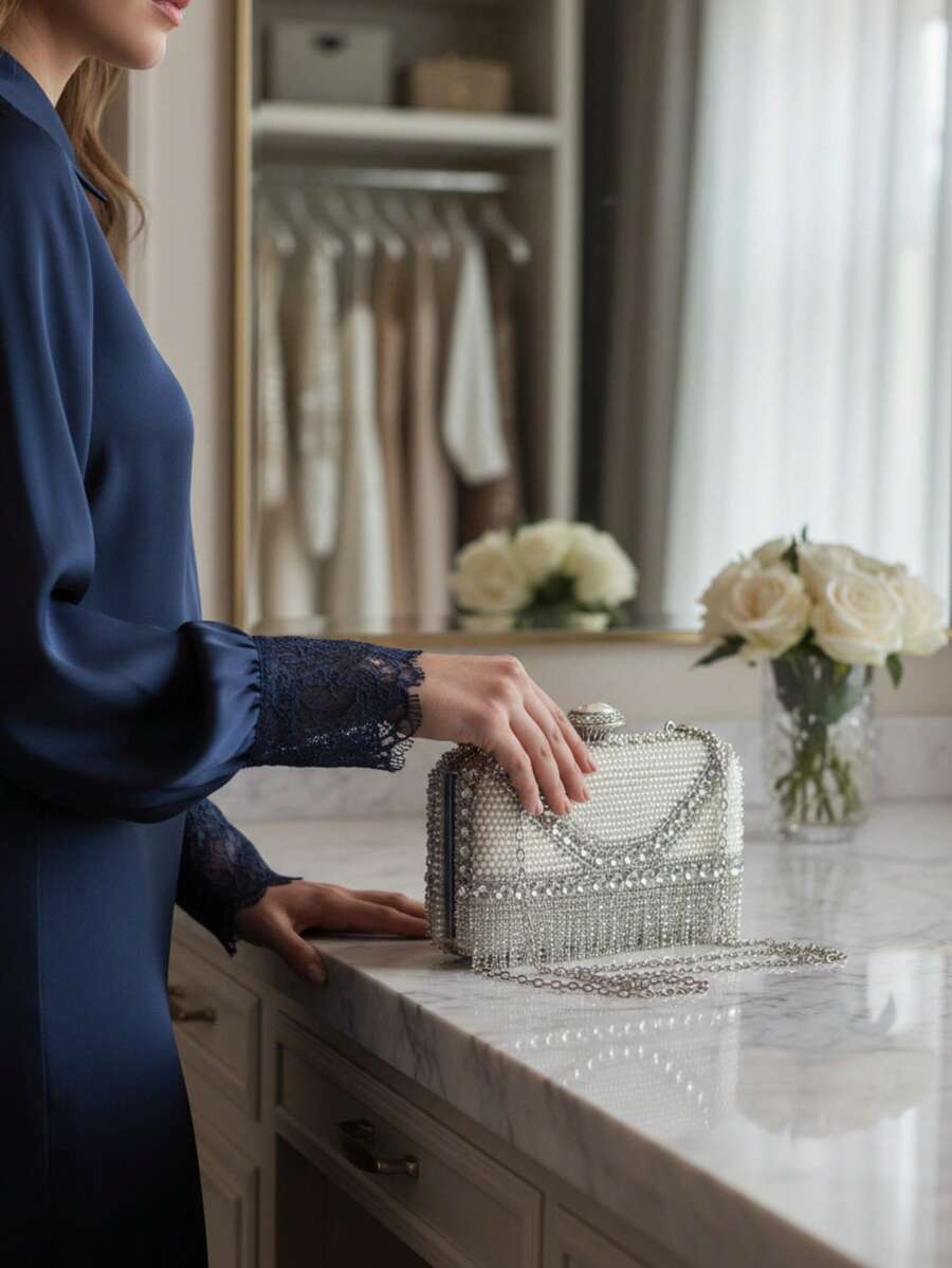 Layton Vivian F3 Women's Luxury Clutch Bag With Rhinestones And Pearl Detail, Chain Strap, For Evenings And Weddings. - 銀色 - 查看 1