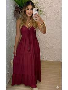 Women's Long Dress, Flowing Style, Thin Straps, V-Neck With Front Tie, Elastic Back - Fits Sizes 36 To 42. - 勃根地 - 查看 1