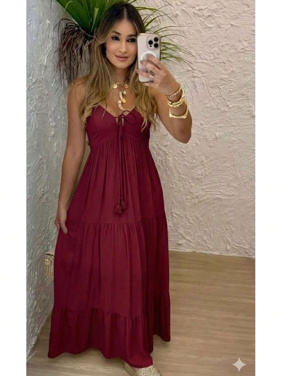 Women's Long Dress, Flowing Style, Thin Straps, V-Neck With Front Tie, Elastic Back - Fits Sizes 36 To 42. - 勃根地 - 查看 1