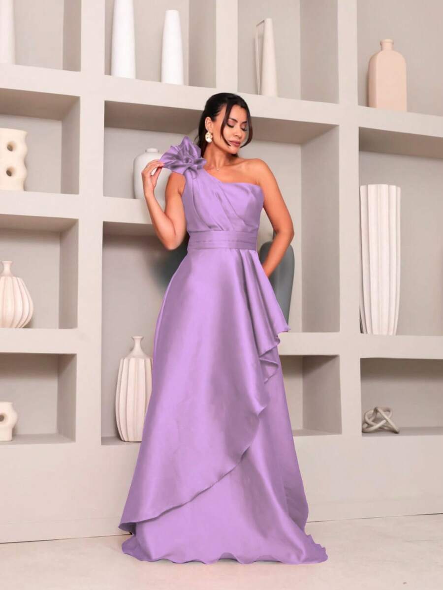 Long Dress With Flower For Graduation, Party, Wedding, Evening. - Lilac Purple - View 1
