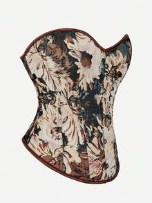 Vintage Oil Painting Jacquard Bandeau Crop Top, Heart Neckline Front Button Design, Fishbone Shaping Cinched Waist Sexy Blouse - Brown - View 3