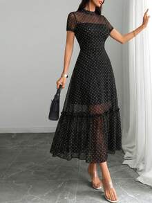 Women's Gothic Elegant Black Base Colorful Floral Print Mesh Round Neck Short Sleeve Waist Ruffle Hem Maxi Dress Summer - Multicolor - View 4