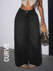 Celana Jeans Wanita Ukuran Besar Kasual Longgar Model Lurus dengan Kantong, Warna Hitam Musim Semi - Hitam - View 1