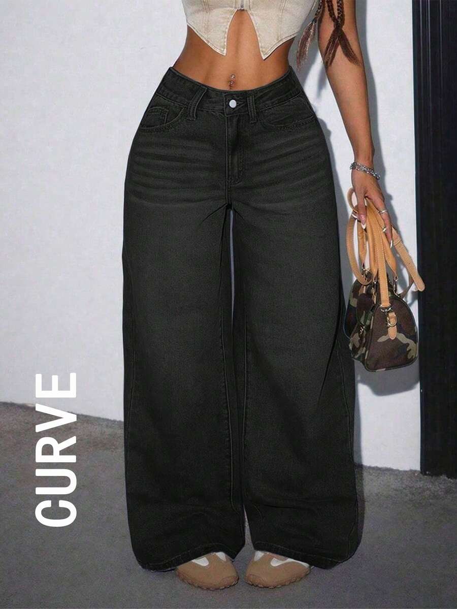 Celana Jeans Wanita Ukuran Besar Kasual Longgar Model Lurus dengan Kantong, Warna Hitam Musim Semi - Hitam - View 1