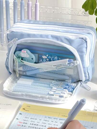 1pc Large Capacity Pencil Case, Elegant School Stationery Pouch, Korean Stationery Storage Bag, Multi-Layer Interior Organization, Convenient For Pens And Pencils, Smooth Zipper, Delicate Pearl Zipper Pull