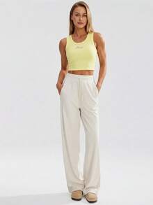 Never me Women's Sports Long Pants With Adjustable Cuffs, Elastic Pockets, Wide Waistband, Drawstring Elastic Waist, Wide Leg - Apricot - View 2