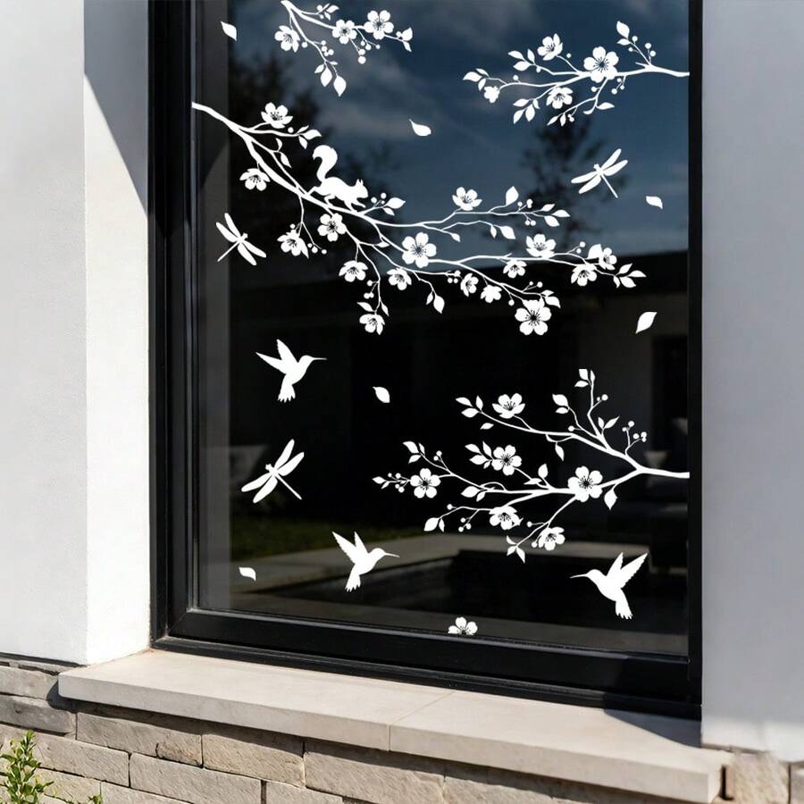 1/2pcs White Floral Branch & Hummingbird Silhouette Static Cling Window Sticker, Removable Glass Decal For Sliding Door, Living Room Home Decor - Branches - View 1