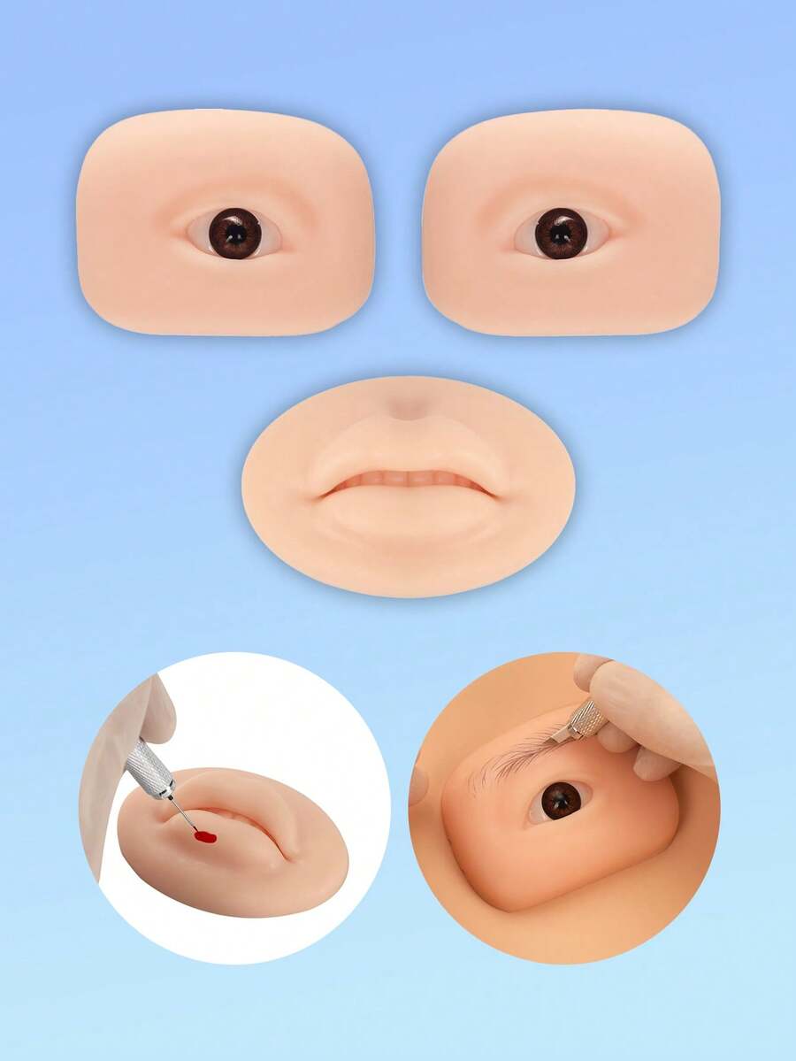 3片装5D微针练习皮，柔软硅胶纹理面垫，适用于眉毛、唇部纹绣、睫毛、化妆美容工具 - 彩色 - 查看 1