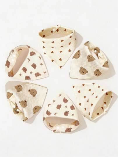 6pcs Baby Bibs, Muslin Triangle Bibs, Cute Printed Anti-Spit, Adjustable Snap, Soft & Comfortable, No Fluorescent Agent, Perfect Newborn Gift!