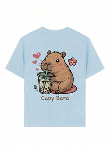 Tween Girl Cute Capybara Print T-Shirt, Soft And Comfortable Fabric, Suitable For Girls Outdoor Sports, Daily Wear, Street Style, Campus Style, Fashionable Girls Spring/Summer Casual Versatile Top - Baby Blue - View 6