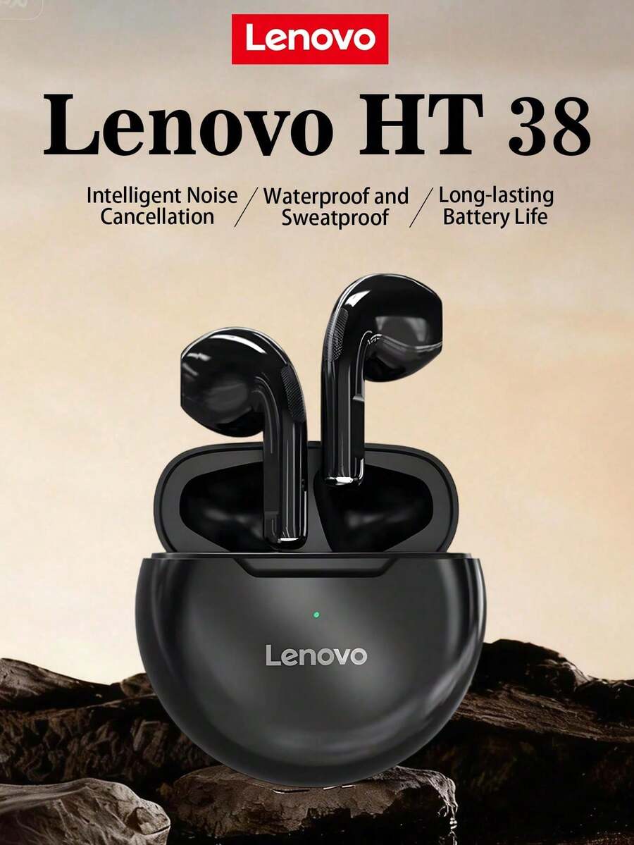 Tai nghe Bluetooth không dây Lenovo HT38 chống mồ hôi, tai nghe thể thao tích hợp micro, âm thanh độ nét cao, âm trầm mạnh mẽ, thời lượng pin dài, nhẹ và thoải mái, thích hợp làm quà tặng cho cả nam và nữ. Có sẵn màu đen hoặc trắng. Thích hợp cho chạy bộ, tập thể dục, đi làm, du lịch và gọi điện. Tai nghe Lenovo Air Pods. - màu đen - Xem 1
