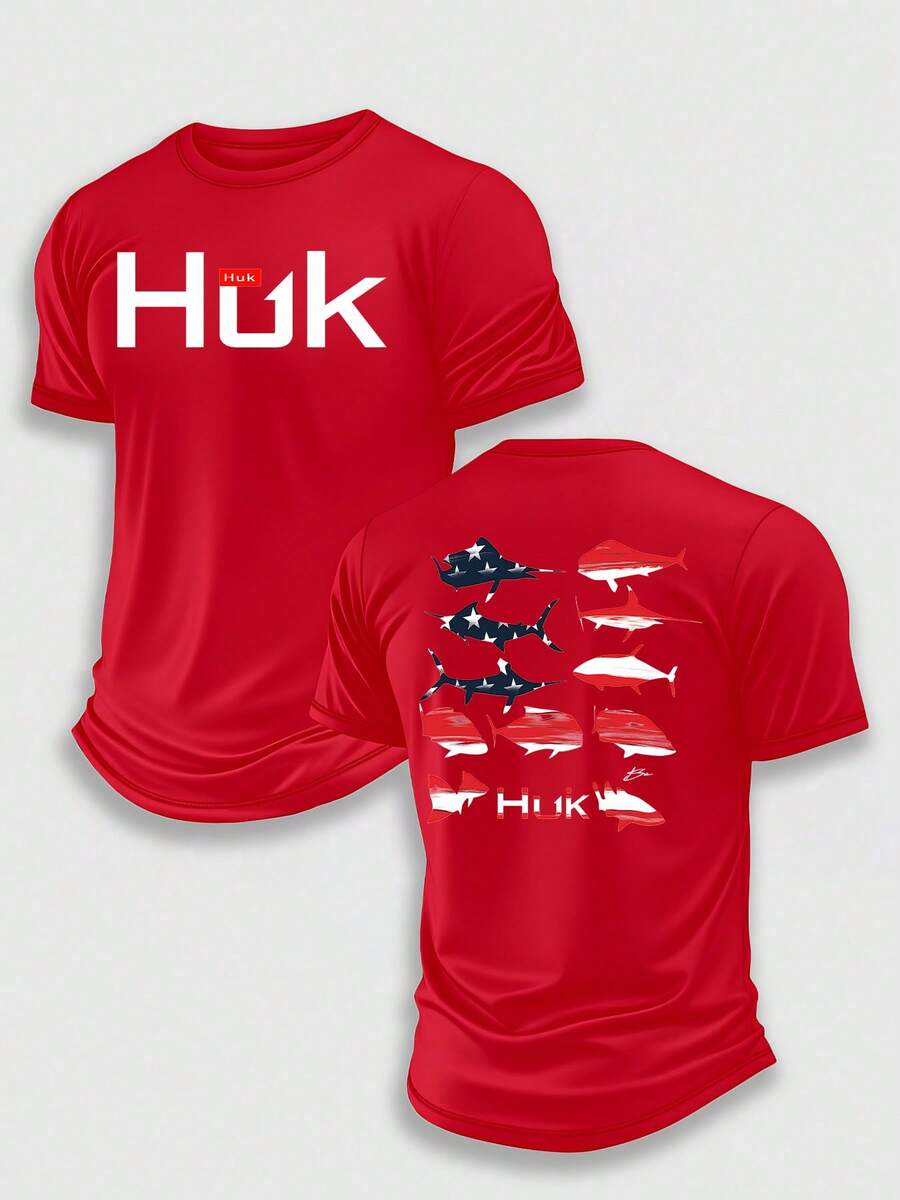 (220 Pieces Of Pure Cotton T-Shirts) HUK SPECIES LIBERTY Fishing Performance T-Shirt, Moisture Wicking Quick Dry Tee, High-Quality Graphic Printed Outdoor Sportswear, Men's Short Sleeve Shirt, American Flag Fish Species Art, Marine Life Graphic, Holiday Gift, Performance Gear, Lightweight Breathable, Camisetas Para Hombre, Men Vacation Outfits, Urban Outdoor Style - 紅色 - 查看 1