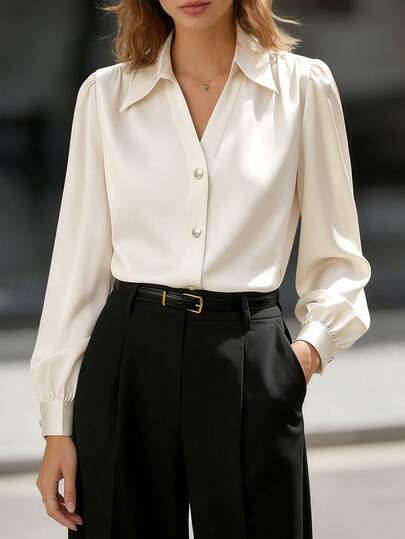 女士休闲轻薄通勤雪纺纯色V领前开襟纽扣宽松长袖衬衫