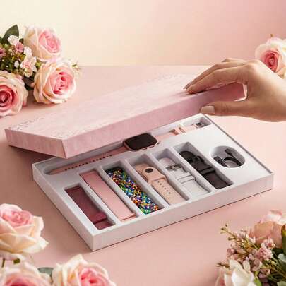 Hwagol 1.85英寸智能手表礼盒套装，包含男女款智能手表，支持蓝牙通话，拥有100多种运动模式、睡眠监测和计步器功能。男款智能手表具备户外步行/天气预报/查找手机等功能，兼容和安卓系统。套装包含7条可替换表带，是运动和送礼的理想之选。