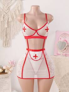 2pcs Red & White Nurse Costume Sexy Lingerie Set, Suitable For Role Play - Red and White - View 1