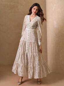 Đầm dài tay cổ chữ V thanh lịch dành cho nữ, phối ren hoa, dáng ôm, xẻ tà, thích hợp cho mùa xuân. - Màu be - Xem 4