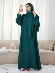 1pc Soft Dress With Attached Hijab, Floral Sleeve Design, Classic Versatile Abaya Spring - Multicolor - View 53