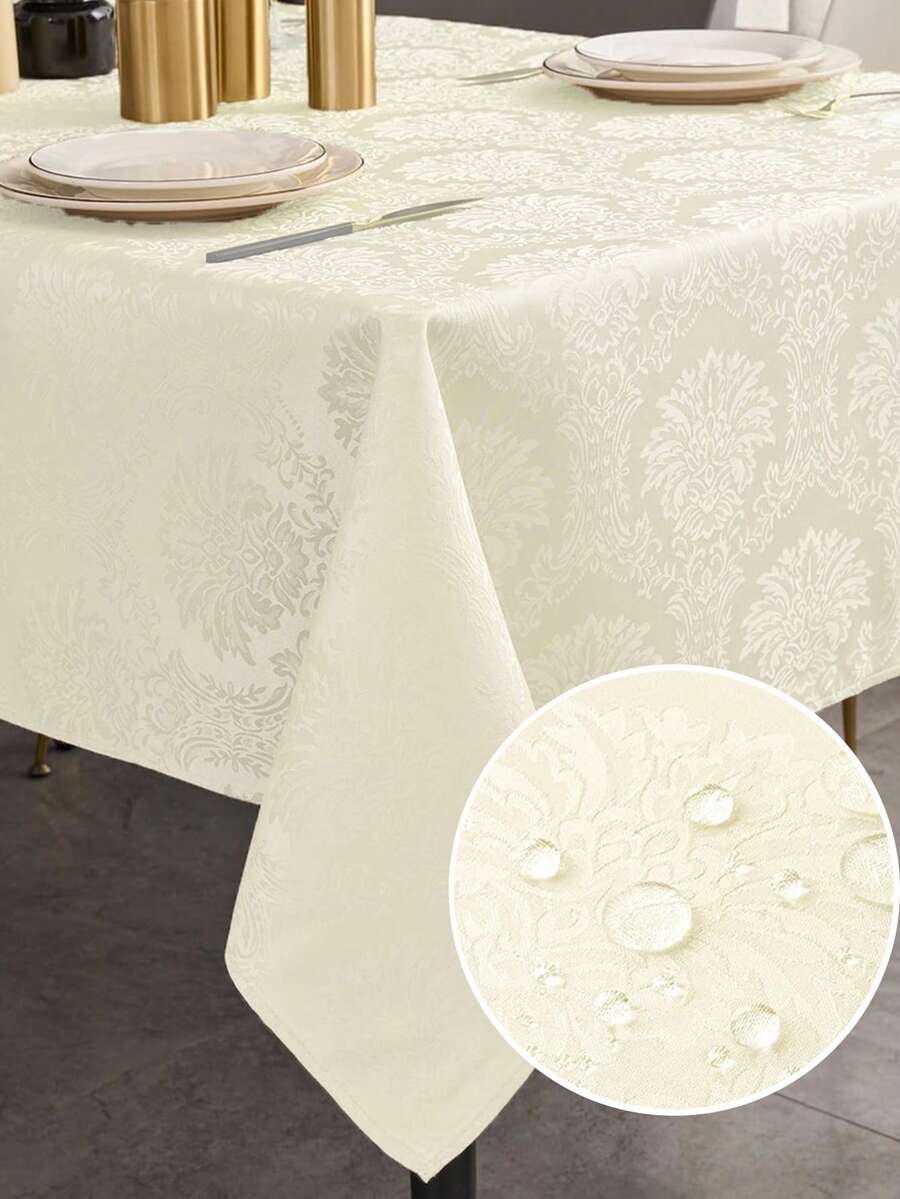 1pc Splash-Proof Rectangular Multi-Size Jacquard Tablecloth, Retro Pattern Luxury Texture Exquisite Jacquard Tablecloth, Washable Polyester Decorative Tablecloth, Suitable For Various Dining Occasions, Holidays Or Formal Events - Beige - View 1