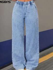 Women's Elastic Waist Wide Leg Jeans, High Waisted Tummy Control Straight Jeans, Acid Washed Denim Trousers With Pockets, Elegant Women's Outfit, Loose Fitting Comfortable Pantalones, Baggy Casual Pants For Travel, Work And Office Wear. - 藍色 - 查看 7