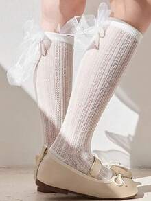1 Pair Summer Children's Socks - Tall Summer Lightweight Style Stockings For Girls - Long Tube - Sweet And Cute Princess Bow Net Eyelet Lace Border Mid-Length Stockings - Multicolor - View 4