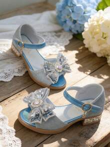 女童亮面玛丽珍低跟公主风碎花婚礼派对礼服鞋 - 藍色 - 查看 4