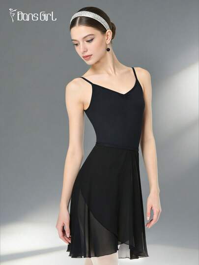 DonsGirl 1pc Women's Midi Chiffon Wrap Dress, Solid Color, Suitable For Ballet Performance Black Spring